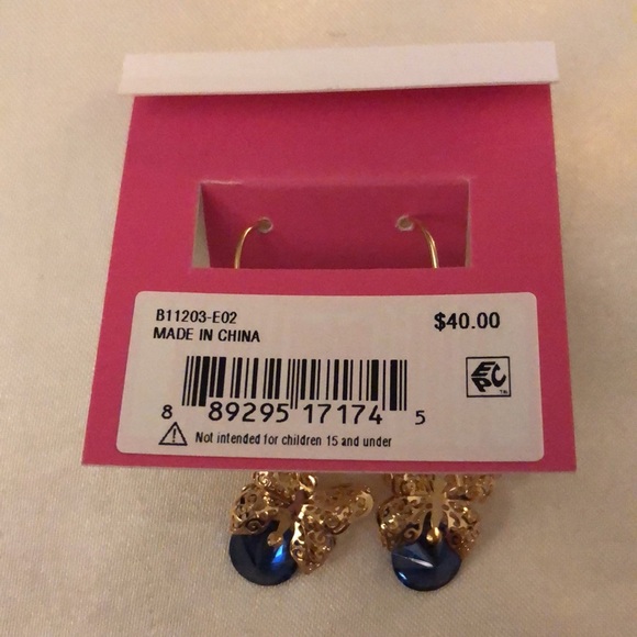 Betsey Johnson Gold Tone Filigree Butterfly With Blue Crystal Drop Earrings NWT - Picture 9 of 9
